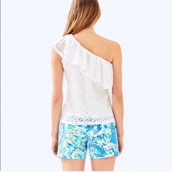 Lilly Pulitzer Matteo One Shoulder Top SZ XXS Sea Urchin Terry Lace - Picture 2 of 12